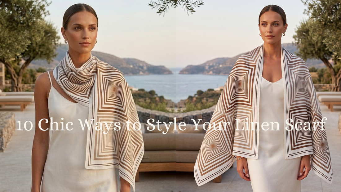 Ways to style a luxury beige linen scarf with terracotta geometric patterns. A European woman wears it as a chic head wrap, a beach sarong, a knotted neck scarf, and an elegant evening shawl in a Mediterranean setting.