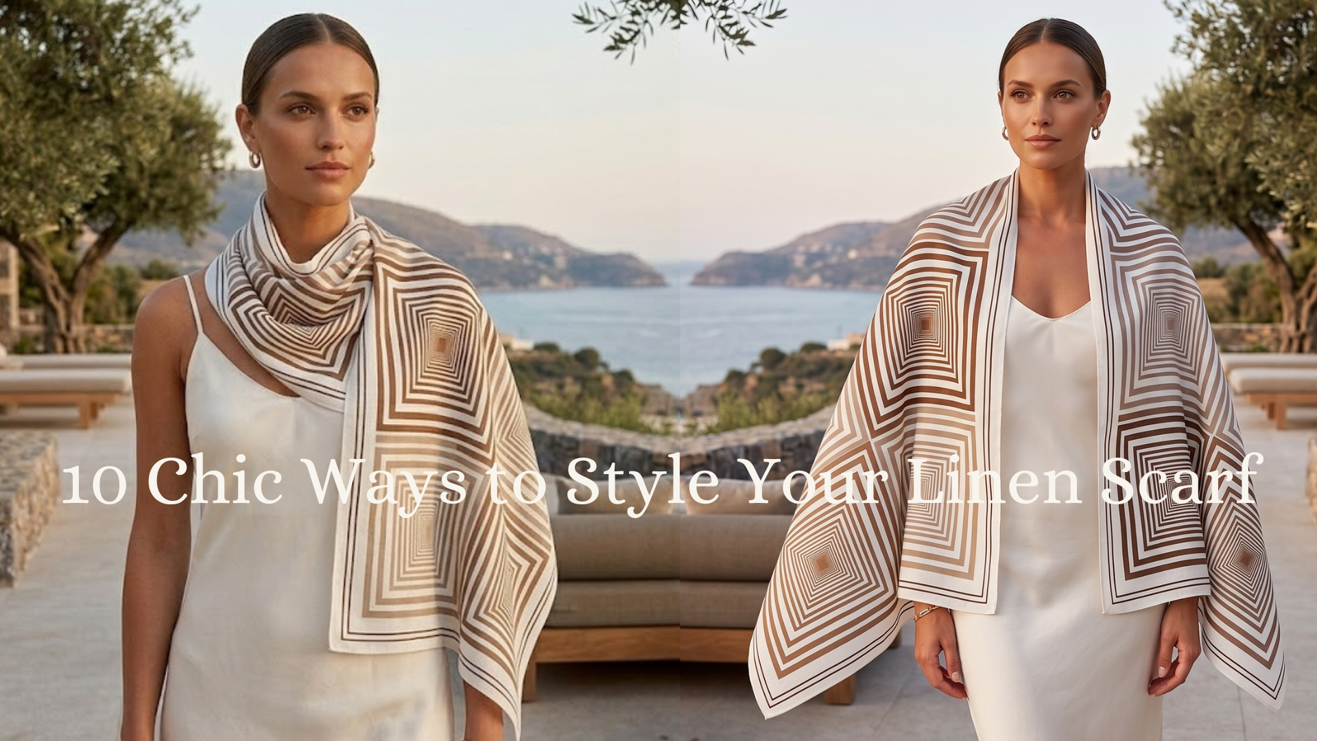 Ways to style a luxury beige linen scarf with terracotta geometric patterns. A European woman wears it as a chic head wrap, a beach sarong, a knotted neck scarf, and an elegant evening shawl in a Mediterranean setting.