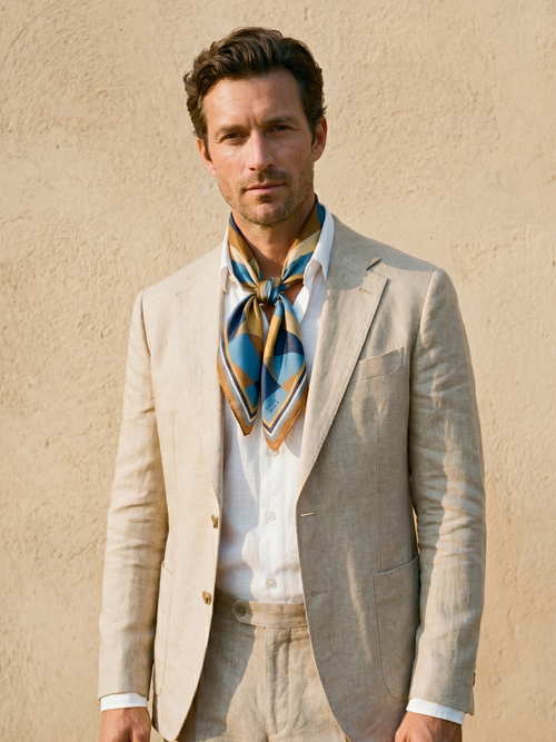 Maison OYO men's 100% linen square scarf, Azur model 75x75 cm, geometric Art Deco patterns in blue and ochre, high-quality double-side print.