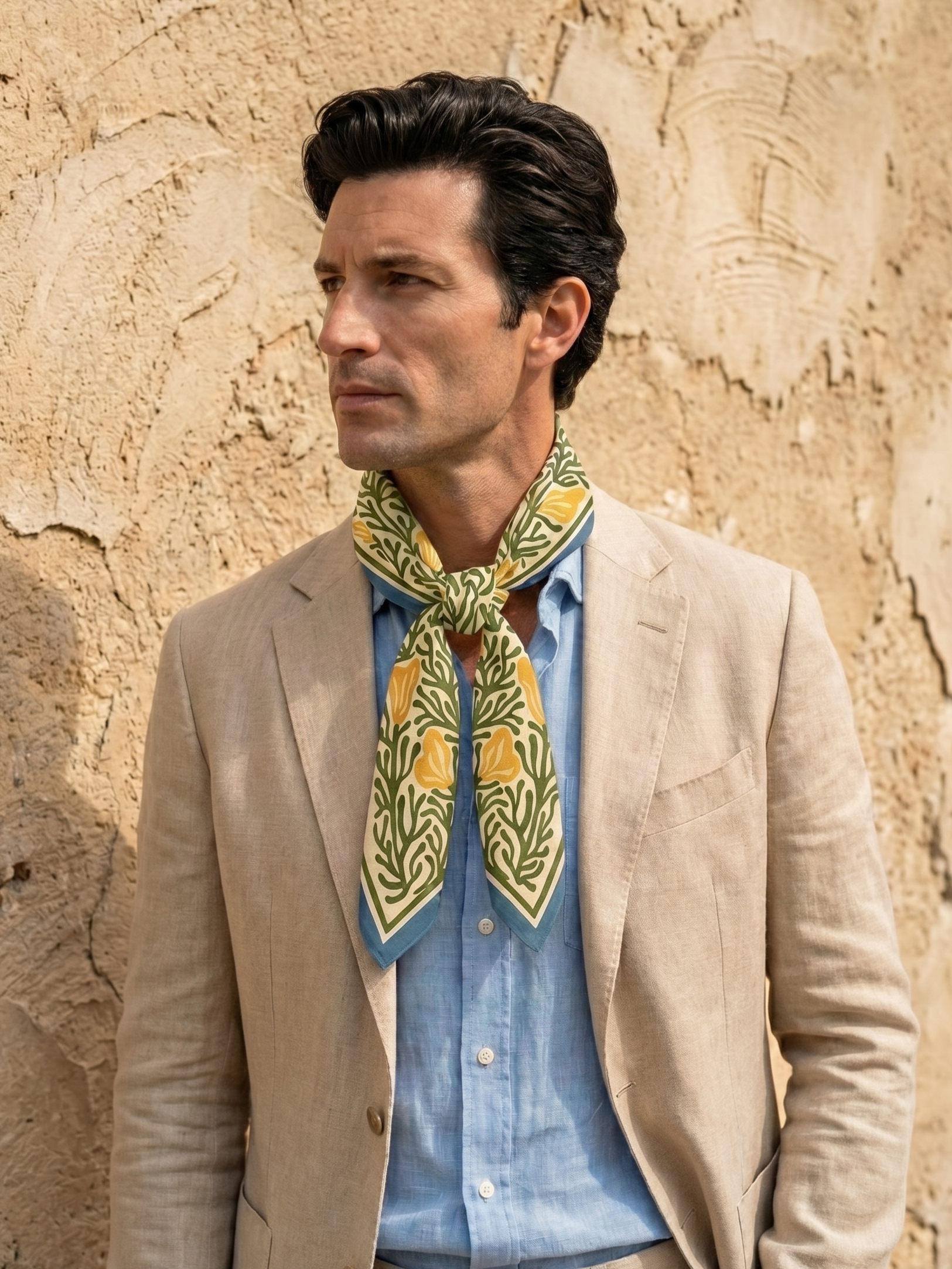 Botanical print scarf in cream, forest green, and mustard yellow. Symmetrical floral design with blue frame border, modern artistic style.