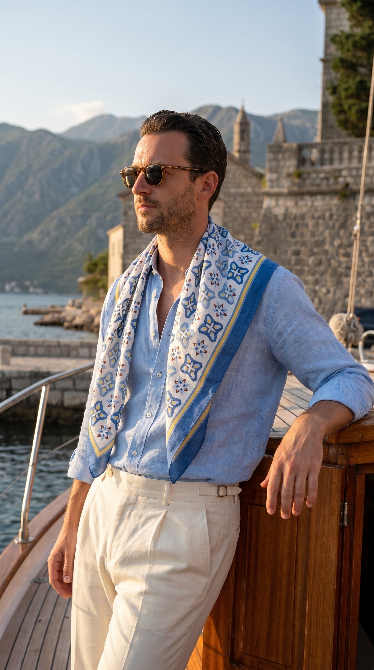 Maison OYO SORRENTO — carré lin français 70% soie 30%, 75×75cm, motif azulejos bleu et ivoire, drapé sur chemise lin ciel sur voilier. Edition limitée numérotée, Luxembourg.