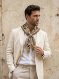 Maison OYO men's large 100% linen square scarf, Sirocco design 75x75 cm, black abstract organic patterns on cream background with sage green and burnt orange borders.