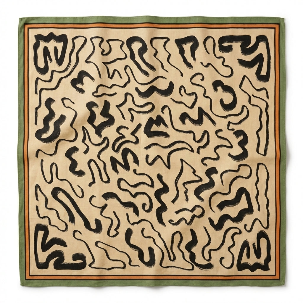 Maison OYO men's large 100% linen square scarf, Syrocco design 75x75 cm, black abstract organic patterns on cream background with sage green and burnt orange borders.
