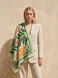 Maison OYO women's large 100% linen square scarf, Fauve design 100x160 cm, orange tigers and green foliage patterns with a central eye, green geometric border.