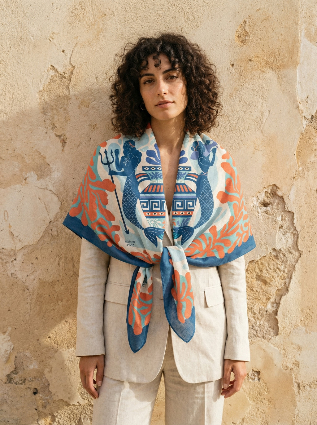 Maison OYO women's large 100% linen square scarf, Aegea design 100x160 cm, blue mermaids with a Greek vase pattern, orange coral border on blue background.