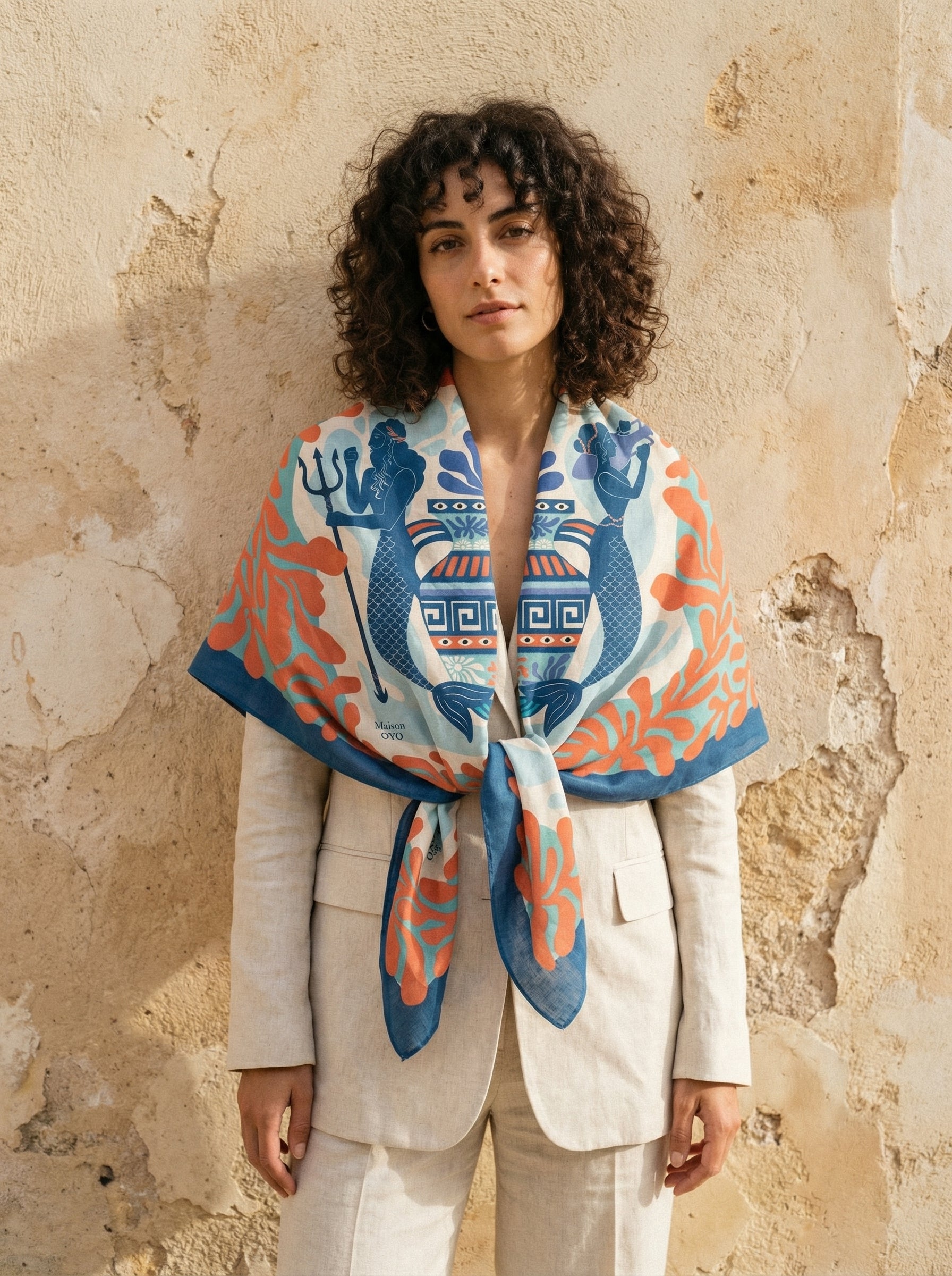 Maison OYO women's large 100% linen square scarf, Aegea design 100x160 cm, blue mermaids with a Greek vase pattern, orange coral border on blue background.
