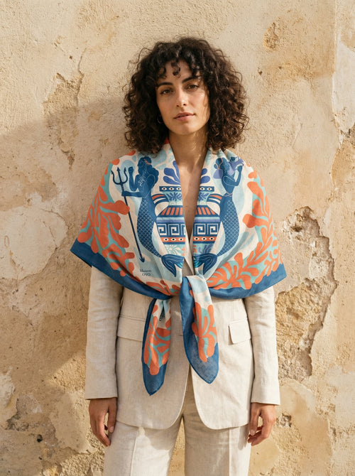 Maison OYO women's large 100% linen square scarf, Aegea design 100x160 cm, blue mermaids with a Greek vase pattern, orange coral border on blue background.