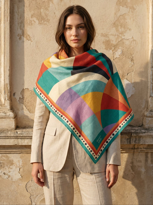 Maison OYO women's large 100% linen square scarf, Azura design 100x160 cm, geometric Art Deco patterns in turquoise, lilac, and coral, premium double-side print.