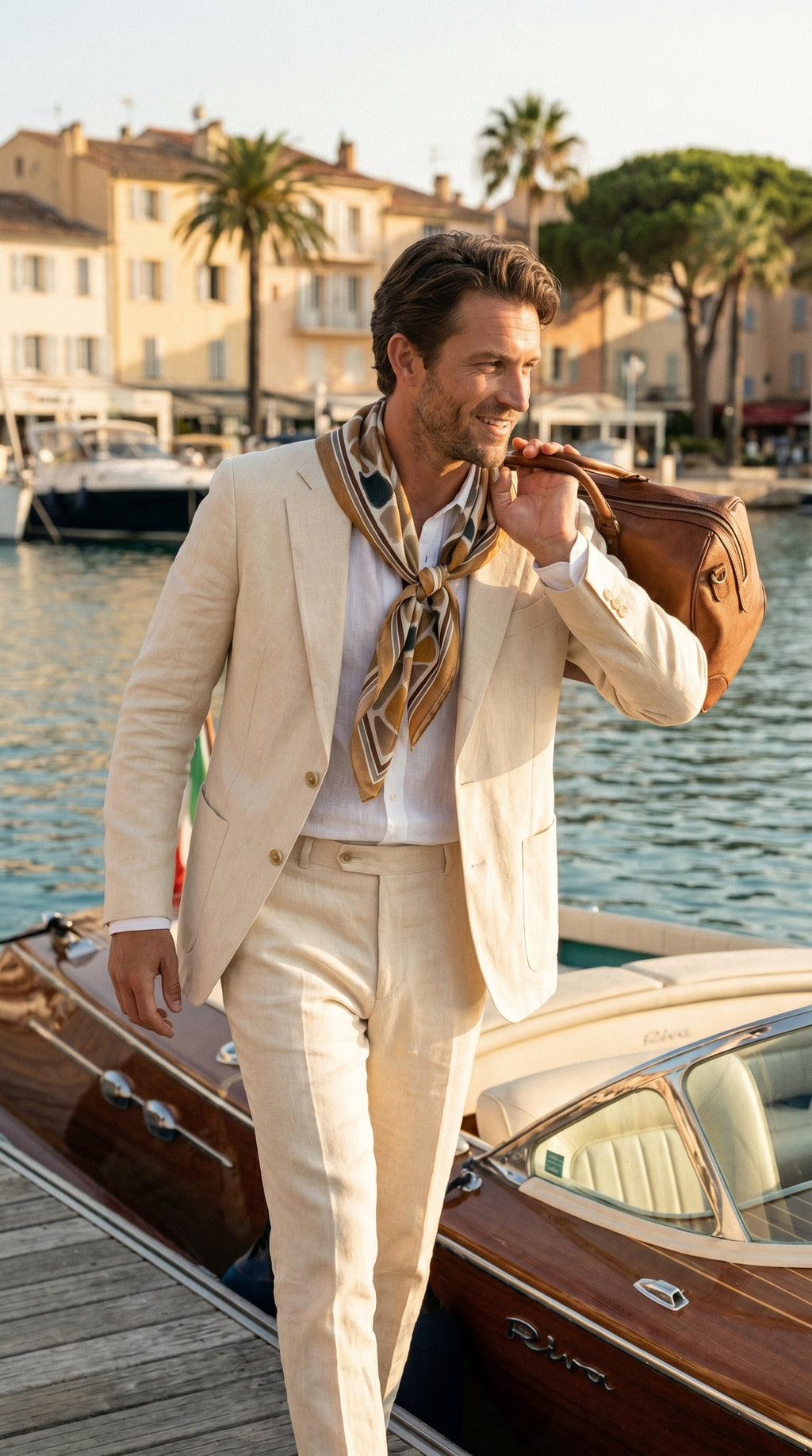 TERRA Maison OYO — carré foulard homme lin soie 75×75cm, palette terre de Sienne et crème, porté noué au cou. Slow fashion Luxembourg, édition limitée.