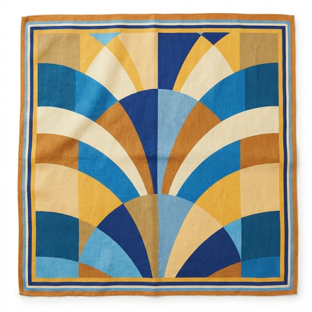 Maison OYO men's 100% linen square scarf, Azur model 75x75 cm, geometric Art Deco patterns in blue and ochre, high-quality double-side print.