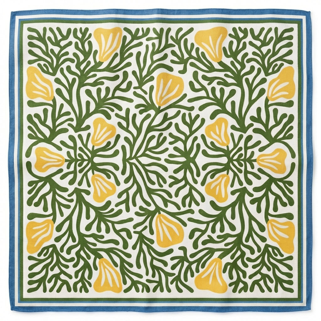 Botanical print scarf in cream, forest green, and mustard yellow. Symmetrical floral design with blue frame border, modern artistic style.